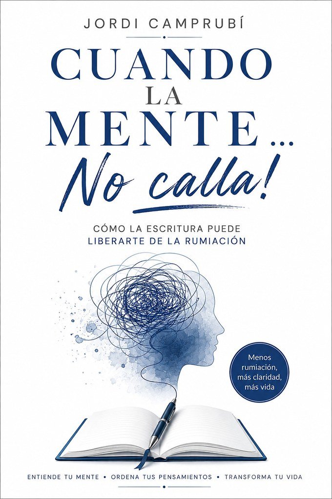 Portada del libro «Cuando la mente no calla», de Jordi Camprubí: la silueta acuarelada de una cabeza con un ovillo de trazos azules enredados sobre un cuaderno abierto con una pluma.